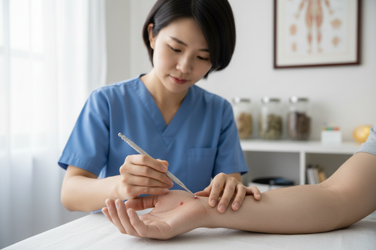 Acupunturista usando localizador de pontos fixo na mão do paciente