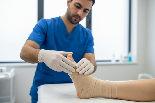 Aplicação de ligadura de crepe no tornozelo