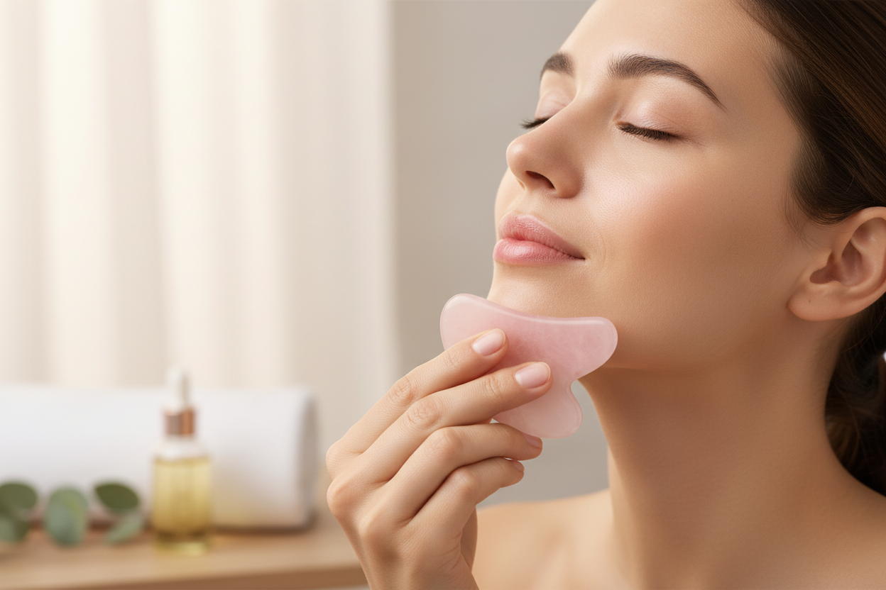 Mulher fazendo automassagem com gua sha de quartzo rosa