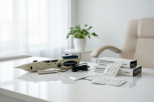 Pointer Excel II e agulhas de acupuntura em mesa de clínica