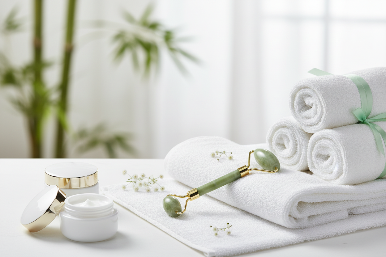 Rolador de jade em ambiente de spa com toalhas e cremes
