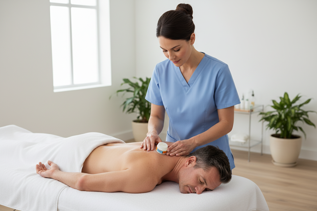 Terapeuta aplicando Bálsamo Herbal Branco TIGRE em tratamento