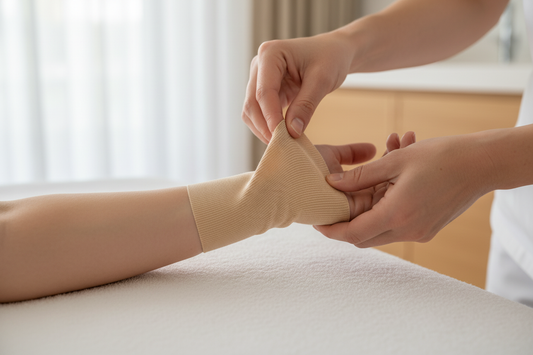 Terapeuta aplicando ligadura elástica no pulso