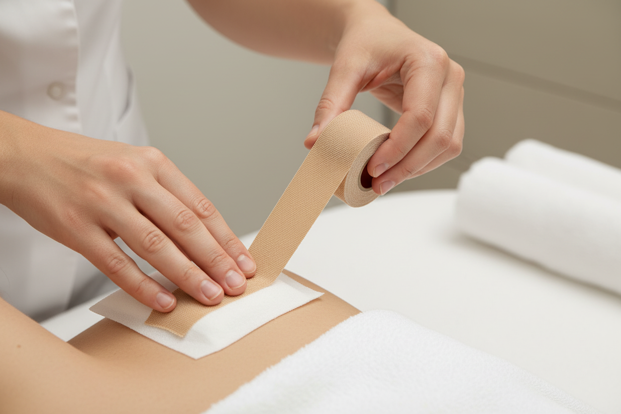 Terapeuta fixando compressa com adesivo no ombro
