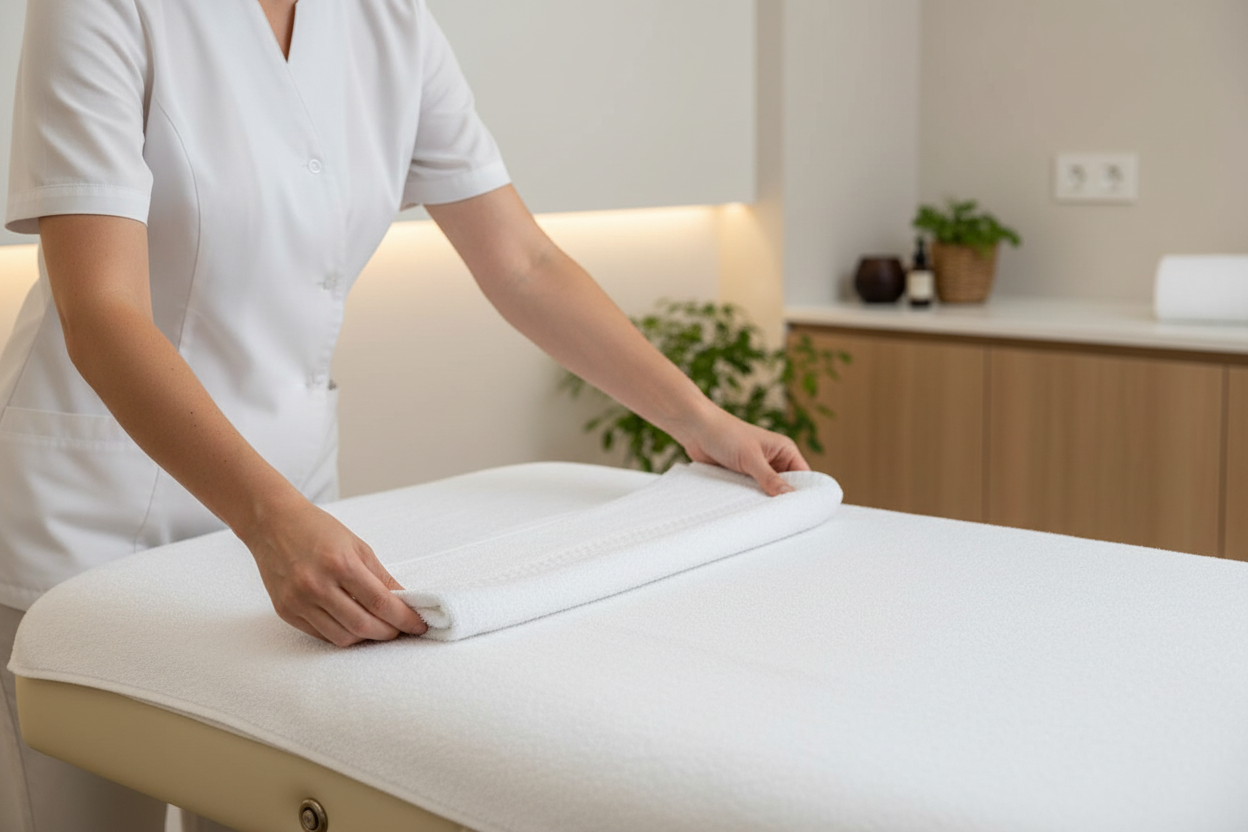 Terapeuta preparando marquesa com toalha Eurostil branca