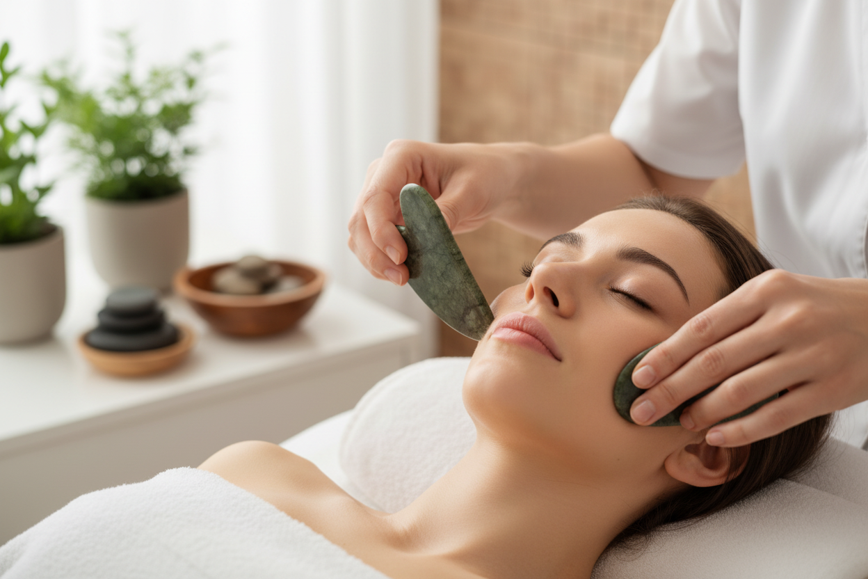 Terapeuta usando gua sha de jade em forma de coração