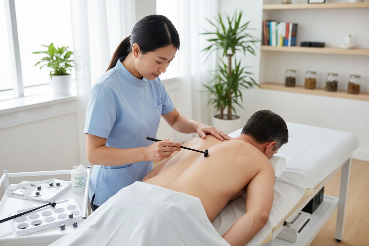 Terapeuta usando Martelo de Sete Estrelas com cabeça descartável