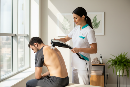 Terapeuta usando massajador Spirit em tratamento de ombro