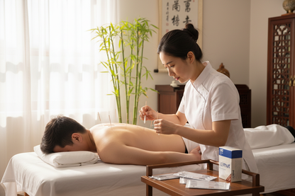 Acupunturista aplicando agulhas Acimut em clínica de MTC