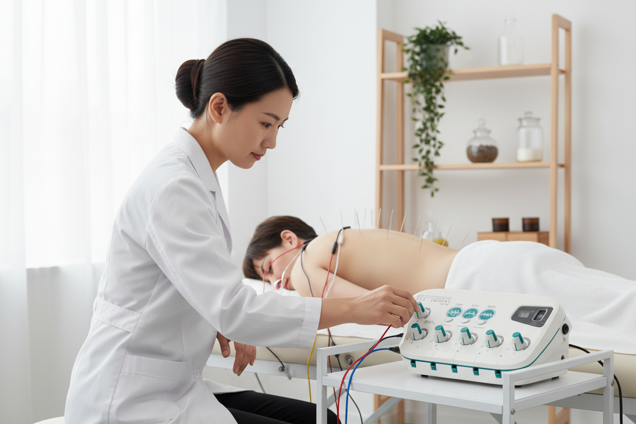 Acupunturista usando aparelho SDZ-II em tratamento clínico