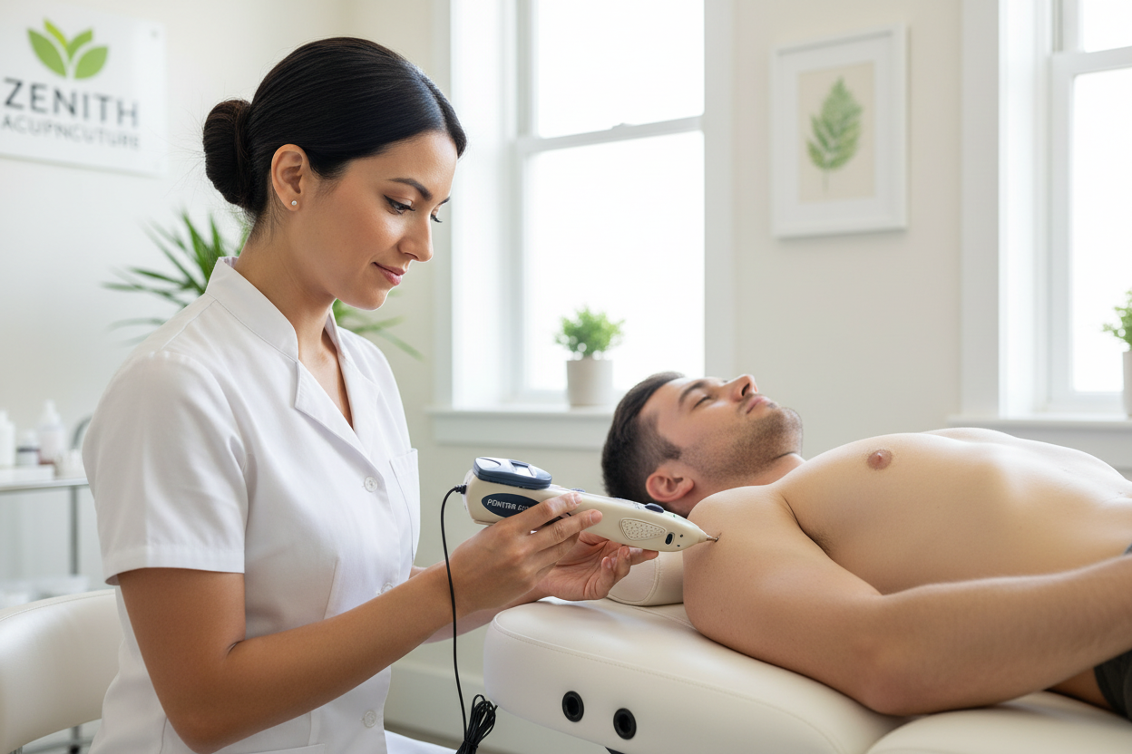 Acupunturista usando Pointer Excel II em clínica moderna