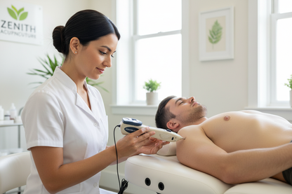 Acupunturista usando Pointer Excel II em clínica moderna