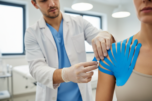 Aplicação de tape azul no ombro