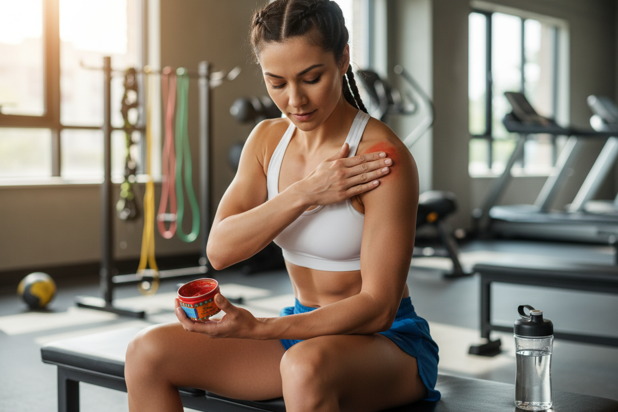 Desportista aplicando Bálsamo Herbal Vermelho TIGRE no ombro