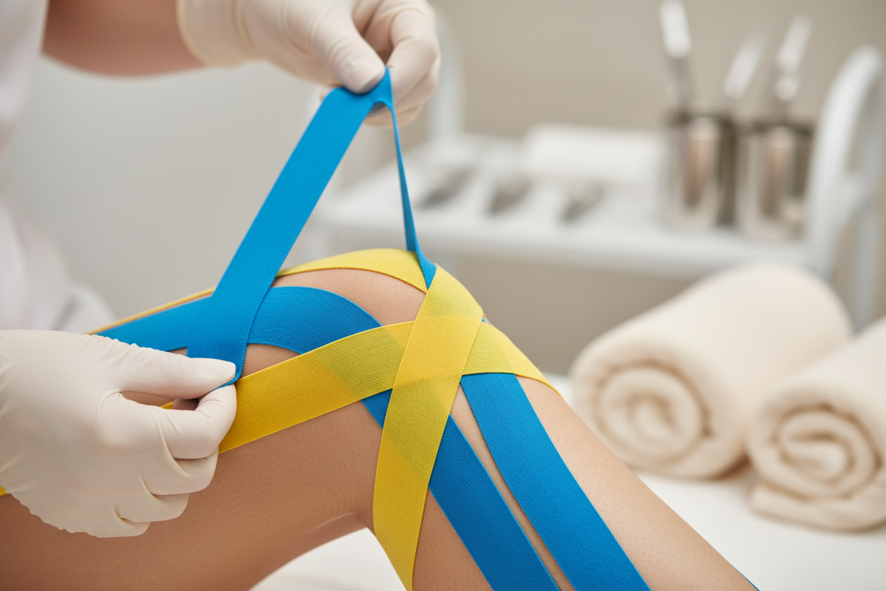 Detalhe de colocação de kinesio tapes azuis e amarelos no joelho de um paciente