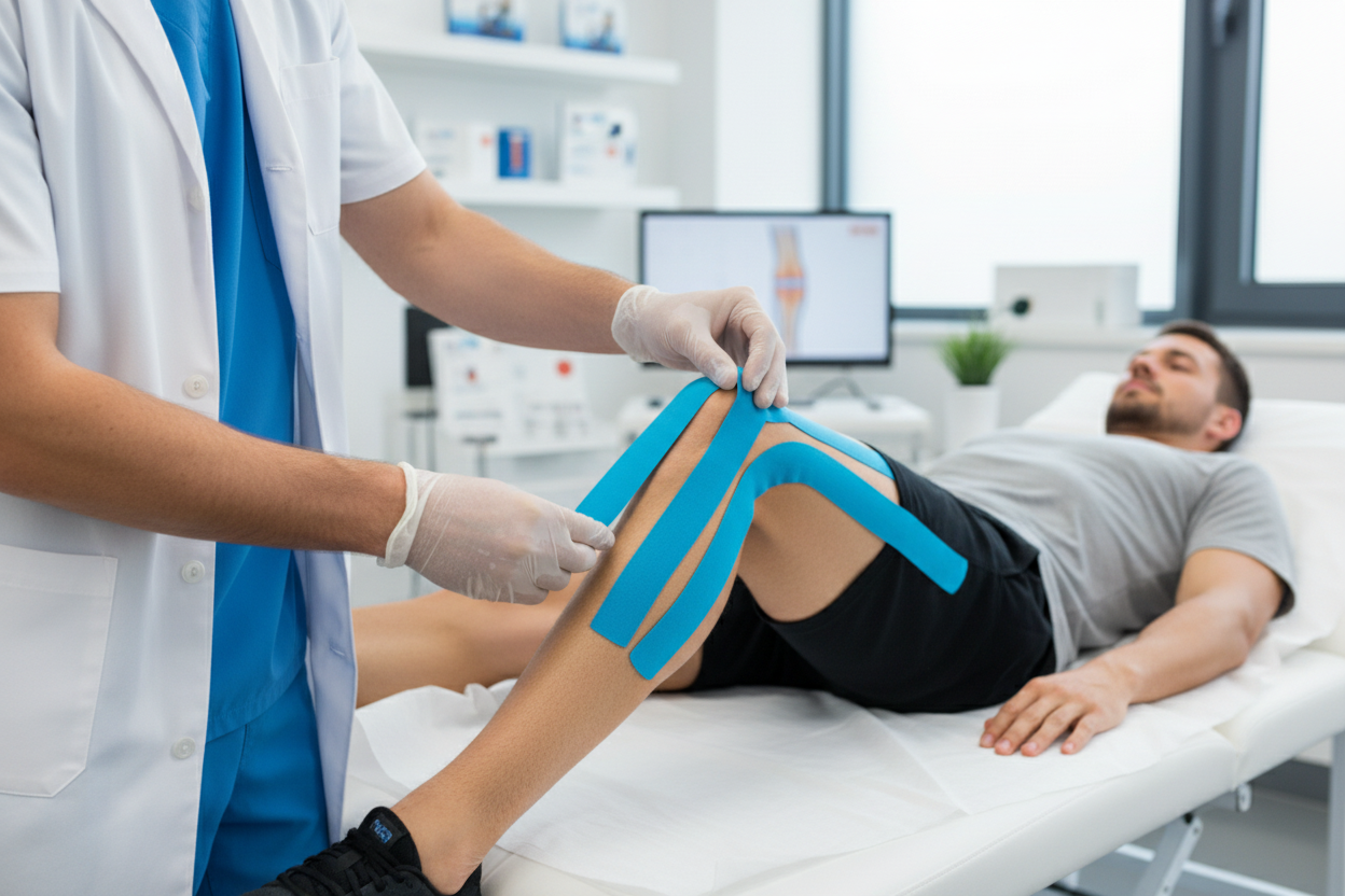 Fisioterapeuta aplicando kinesio tape azul no joelho