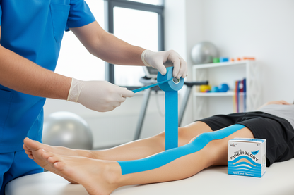 Fisioterapeuta aplicando kinesio tape NASARA azul no gémeo
