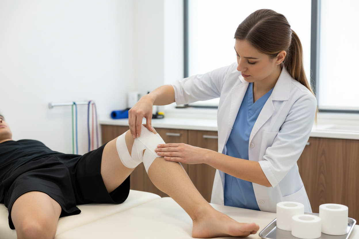 Fisioterapeuta aplicando tape no joelho