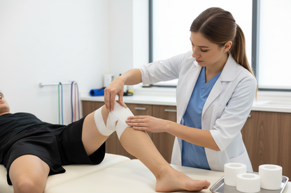 Fisioterapeuta aplicando tape no joelho