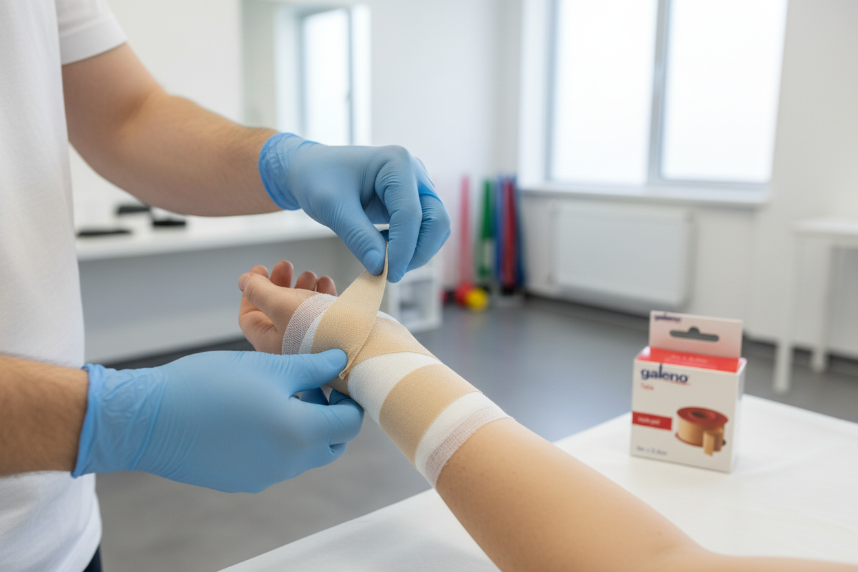 Fisioterapeuta fixando ligadura com adesivo no pulso
