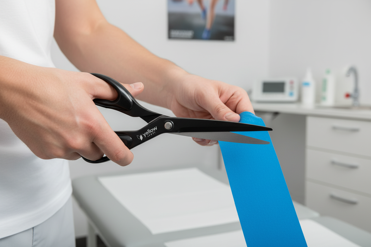 Fisioterapeuta usando tesoura Yellow Sport para cortar kinesio tape