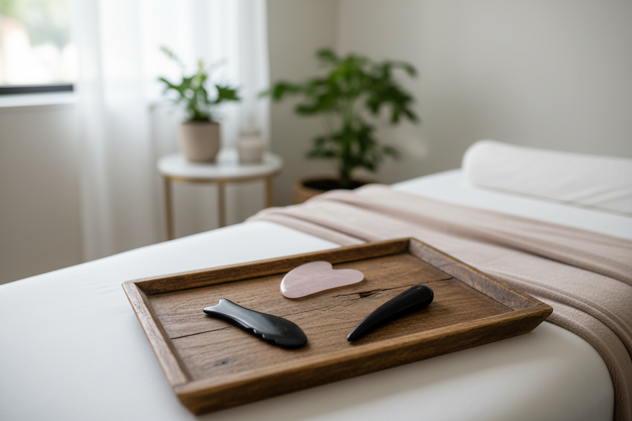 Kit Profissional Gua Sha Rosa em tabuleiro de madeira