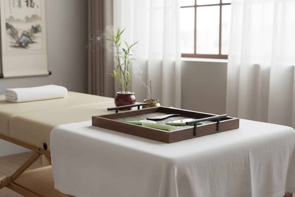 Kit Profissional Gua Sha Verde em tabuleiro de madeira