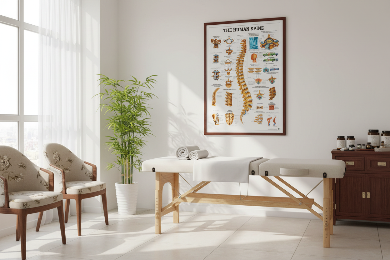 Mapa The Human Spine fixado em clínica de medicina chinesa