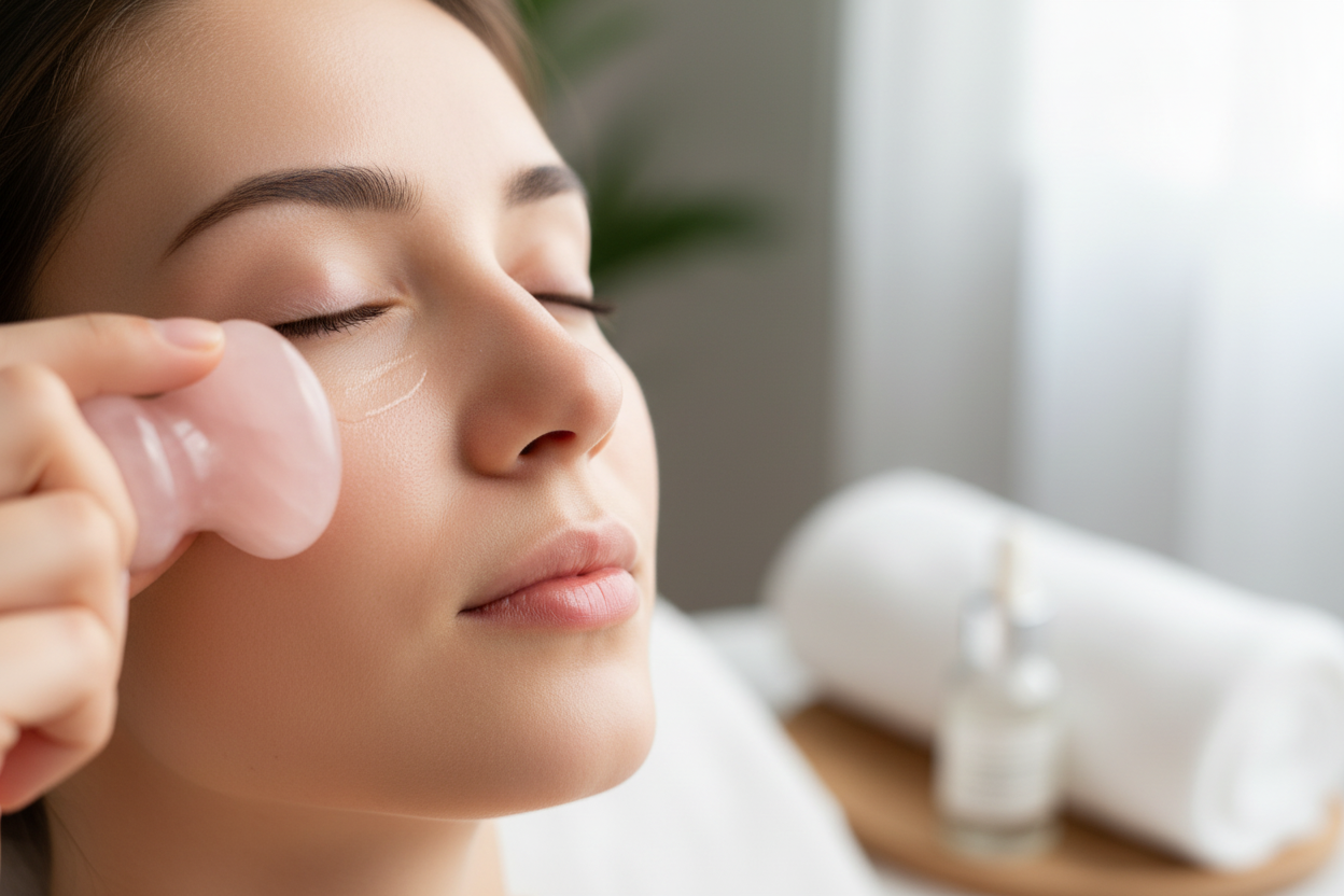 Mulher fazendo automassagem com cogumelo de quartzo rosa