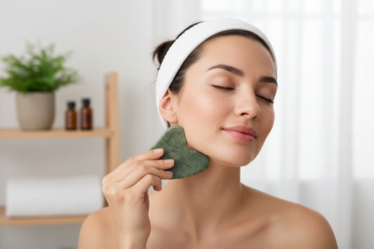 Mulher fazendo automassagem com gua sha de jade em forma de coração