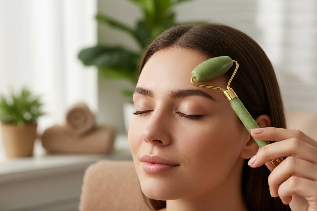 Mulher fazendo automassagem com rolador de jade