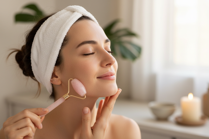 Mulher fazendo automassagem com rolador de quartzo rosa