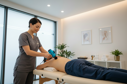 Terapeuta a usar pistola de massagem azul em cliente