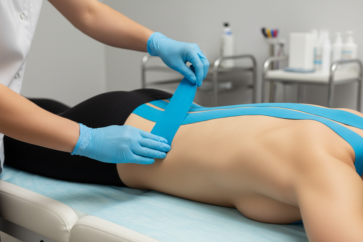 Terapeuta aplicando kinesio tape NASARA azul na lombar