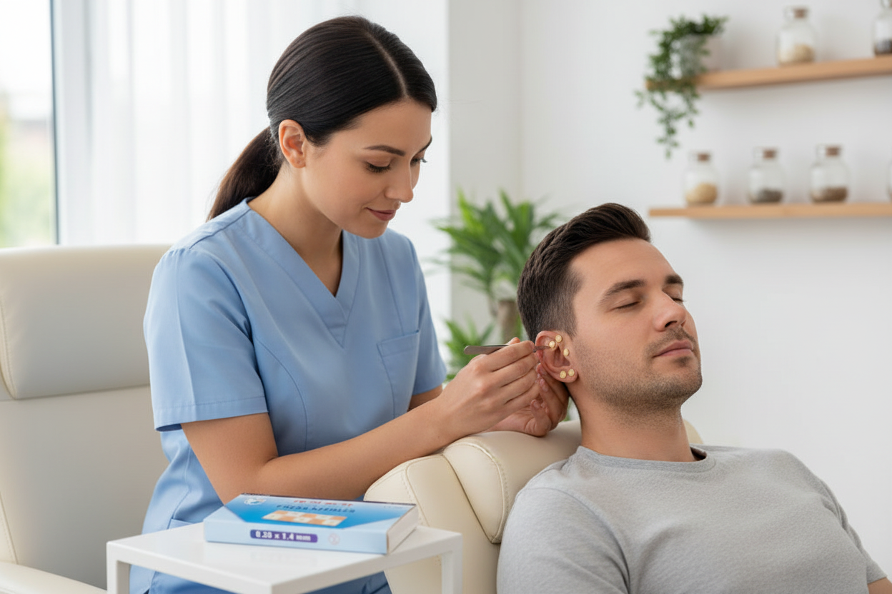 Terapeuta aplicando press needles em tratamento de auriculoterapia