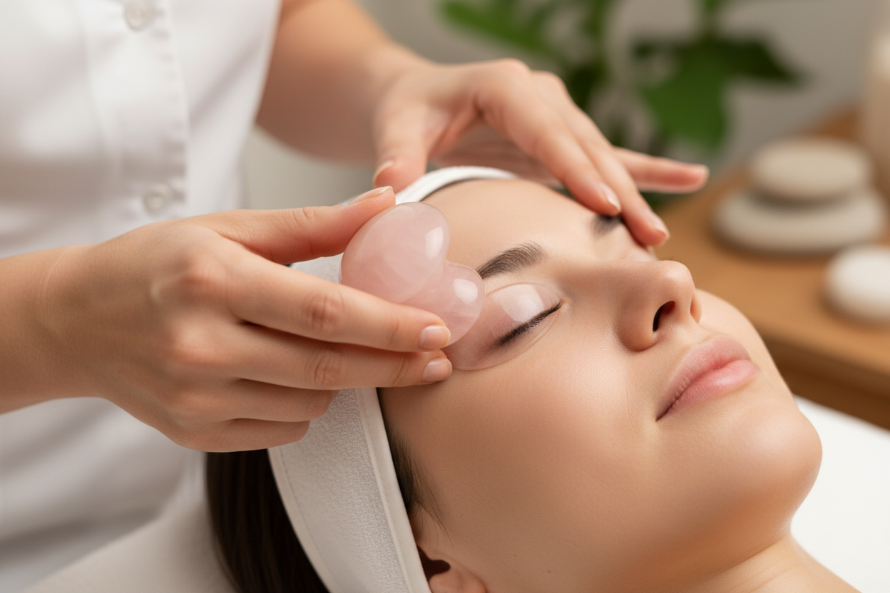 Terapeuta usando cogumelo de quartzo rosa em tratamento de olhos