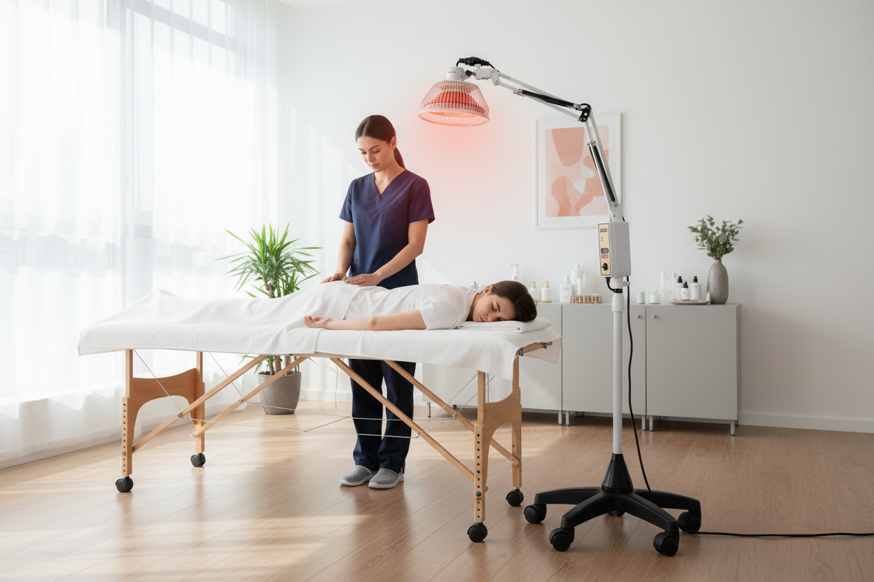 Terapeuta usando lâmpada TDP de pé alto em tratamento clínico