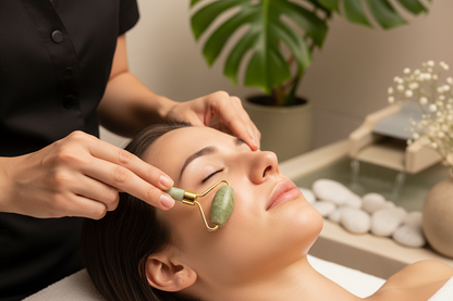 Terapeuta usando rolador de jade em tratamento facial