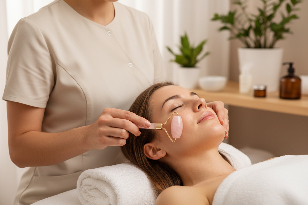 Terapeuta usando rolador de quartzo rosa em tratamento facial