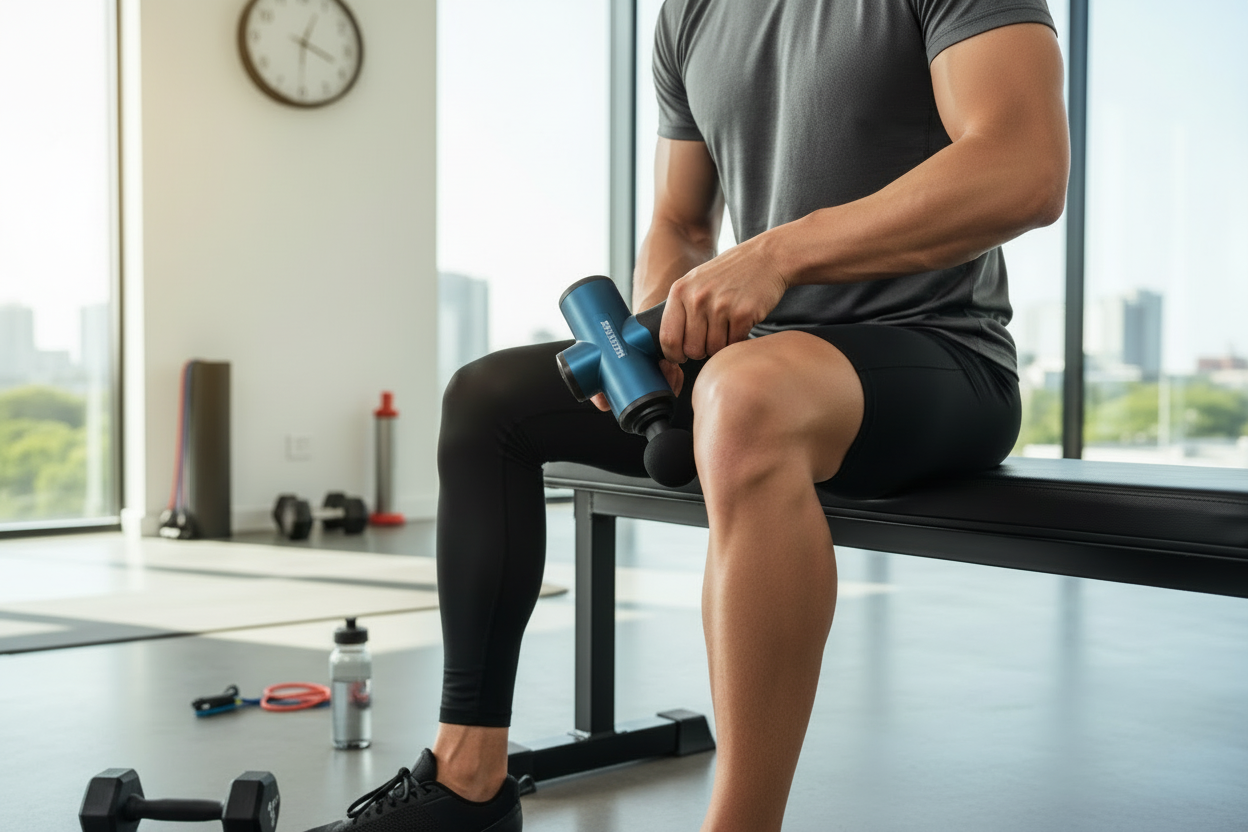 Utilização da pistola de massagem azul na perna